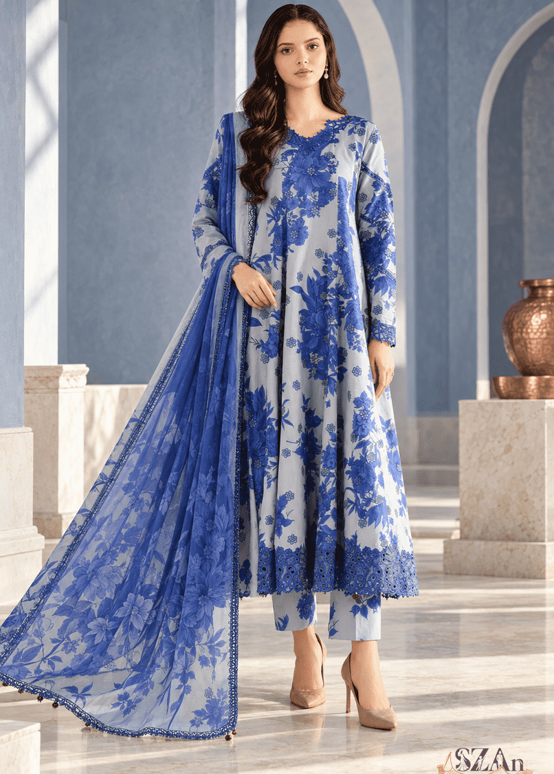 Sapphire Blue - 3 Piece Printed Khaddar, grey & blue unstitched cloth