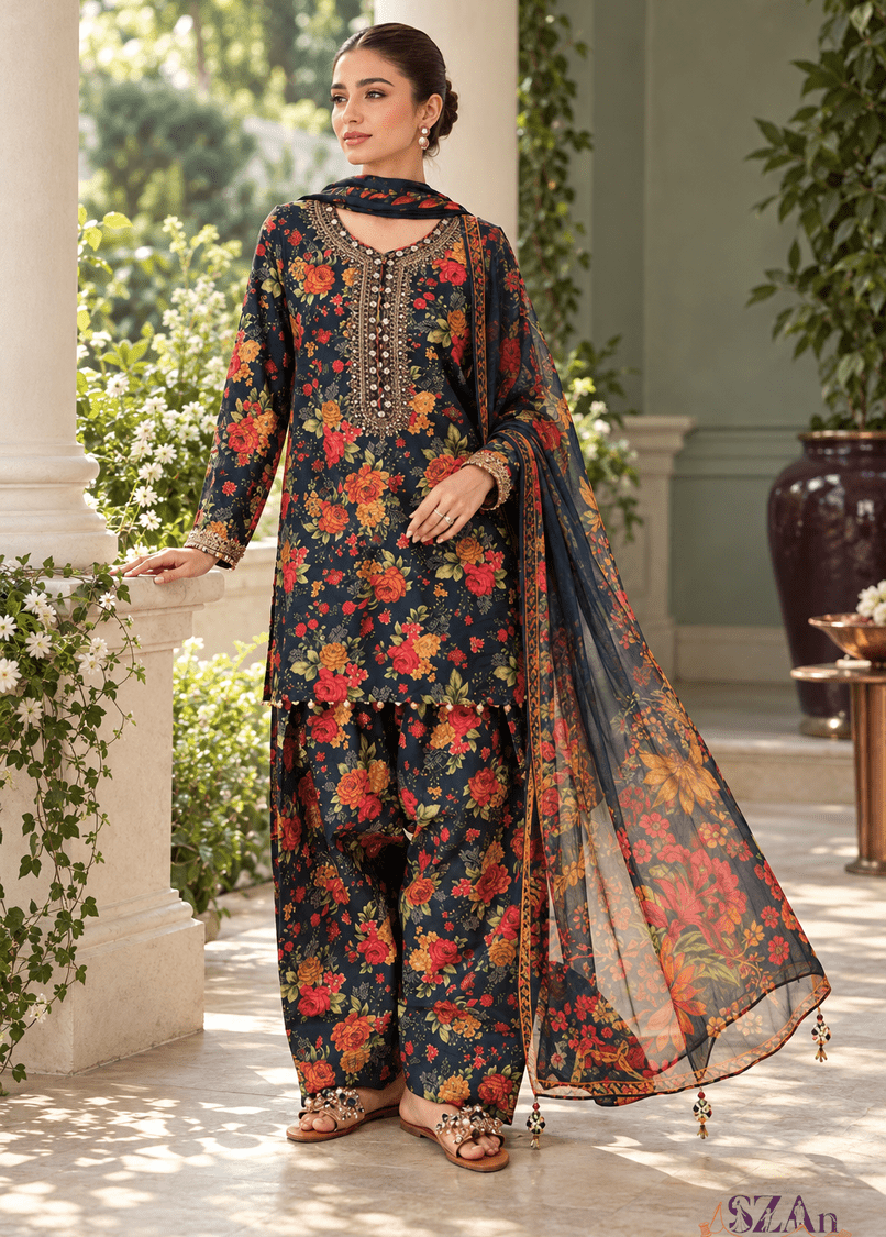 Black Floral - 3 Piece Printed Khaddar, black & multi color unstitched cloth