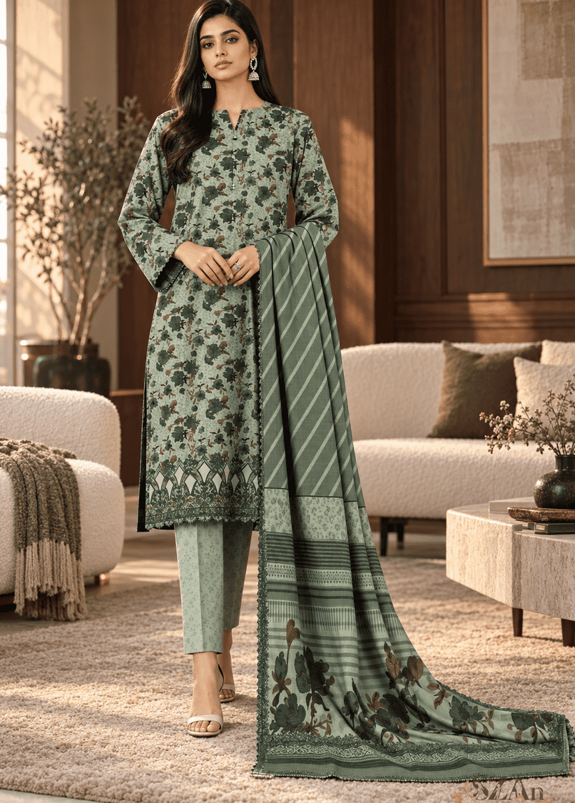 Green Floral - 3 Piece Printed Khaddar, pista green & dark green unstitched cloth