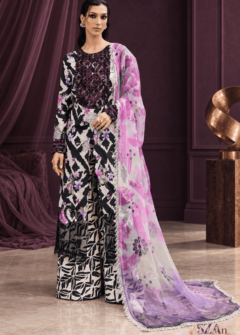 Aubergine & Monochrome Floral - 3 Piece Printed Khaddar, elevate your winter wardrobe with this elegant 3-piece khaddar suit, featuring a design inspired by maria b. the ensemble showcases striking purple floral accents over a bold black and white geometric base, delivering a sophisticated daytime look. it comes complete with a matching printed shirt, coordinating trousers, and a lightweight draped dupatta. for an added touch of luxury, the set includes a heavily embroidered neckline and delicate hem details, allowing for a beautifully customized finish. unstitched cloth