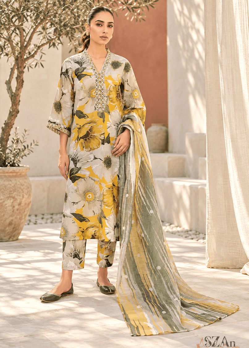 Mustard Yellow & Grey Floral - 3 Piece Printed Khaddar, mustard yellow & light grey unstitched cloth