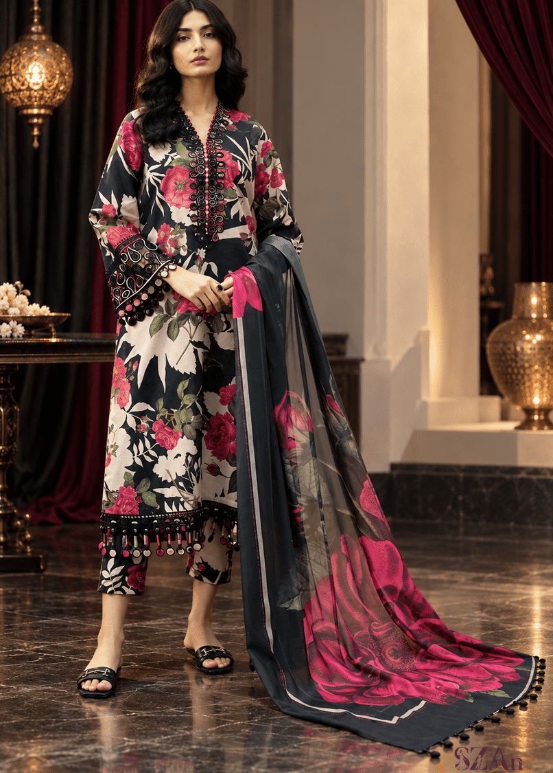 Rose & Black - 3 Piece Printed Khaddar, black, cream & magenta unstitched cloth