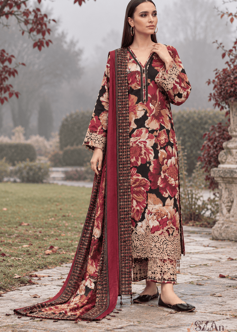 Maroon & Black Floral - 3 Piece Printed Khaddar, maroon & black unstitched cloth