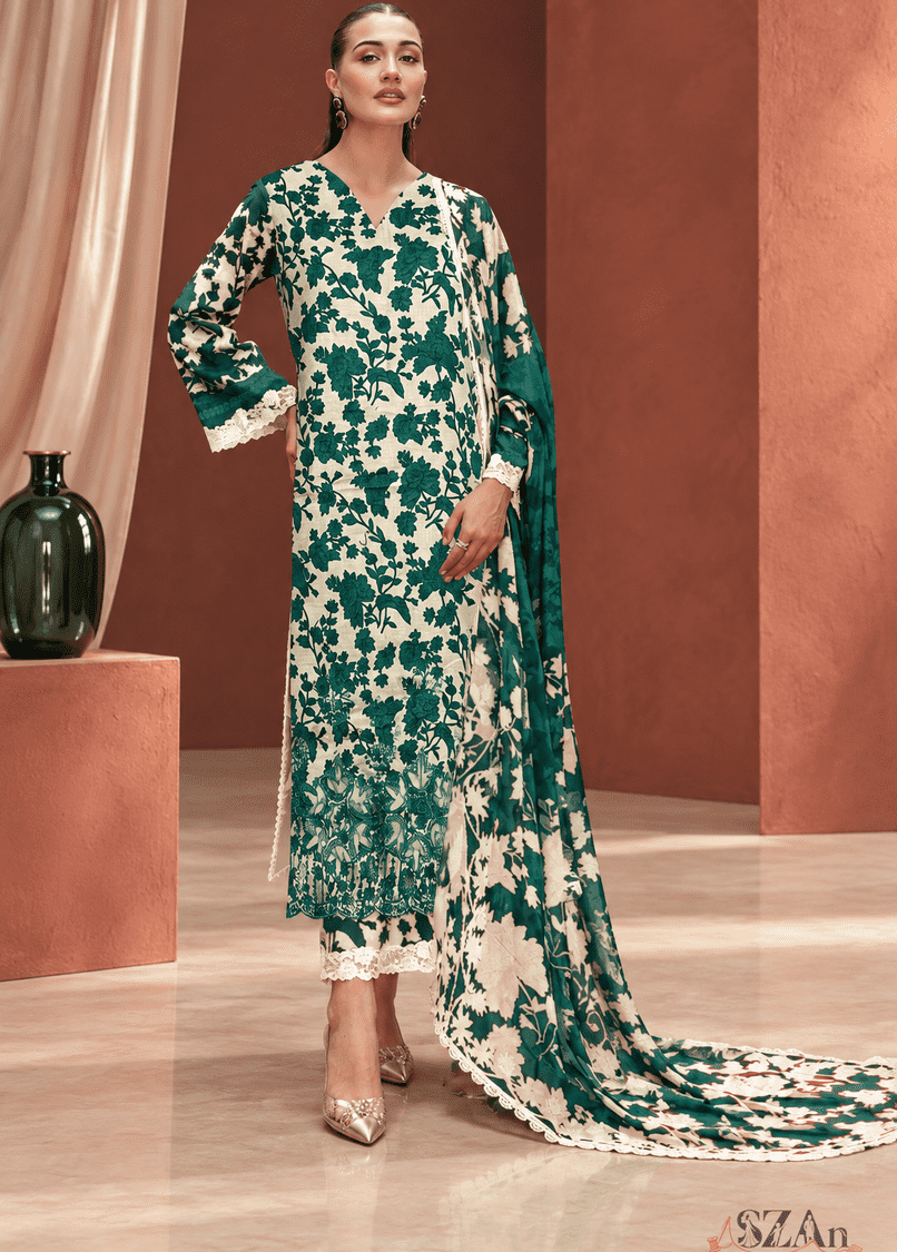 Emerald Green & Cream Floral - 3 Piece Printed Khaddar, emerald green & cream unstitched cloth